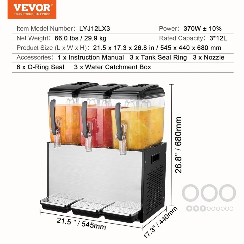 Getränkespender 3er mit eigener Kühlung 3 Tanks Saftspender 12L (pro Tank) 370W Edelstahl Eistee-Get – Thumbnail 6