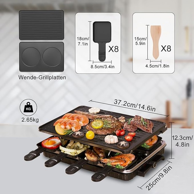 Raclettegrill elektrischer Tischgrill Raclette Elektrogrill antihaftbeschichtet wendbare Grillplatte – 2