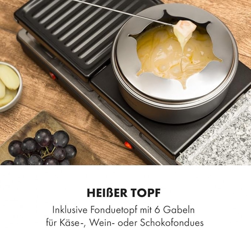 Raclettegrill &amp; Fondue Fondulette XL Crêpe-Platte 3 in 1 1650 Watt Grill Metall / Naturstein / 3 sep – 3