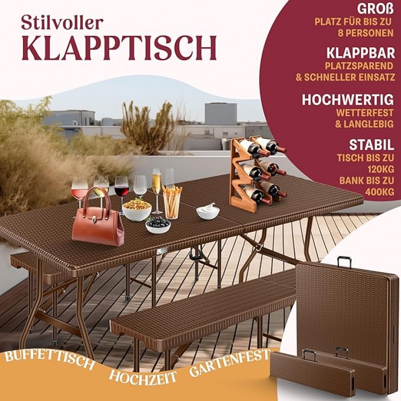 Bierzeltgarnitur Rattan Messegarnitur 3 tlg. Tisch + 2 x Bank für Indoor/Outdoor klappbar Tragegriff – 3