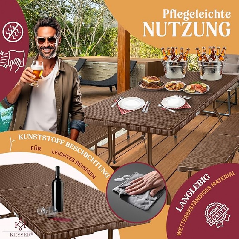 Bierzeltgarnitur Rattan Messegarnitur 3 tlg. Tisch + 2 x Bank für Indoor/Outdoor klappbar Tragegriff – 2