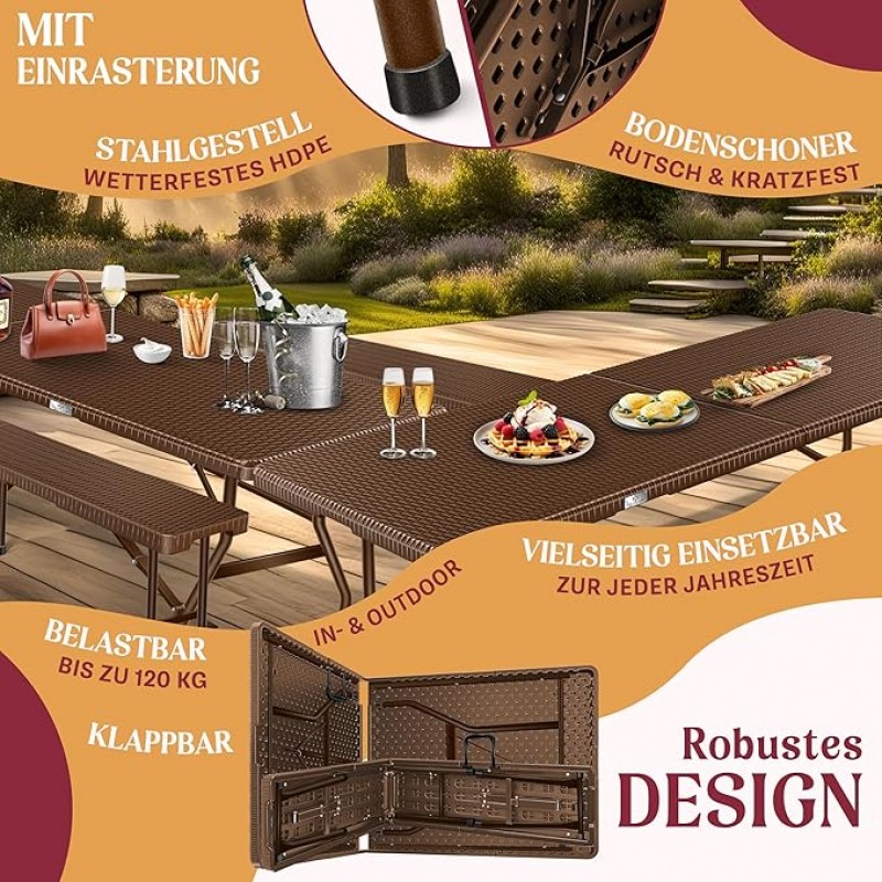Bierzeltgarnitur Rattan Messegarnitur 3 tlg. Tisch + 2 x Bank für Indoor/Outdoor klappbar Tragegriff – 4