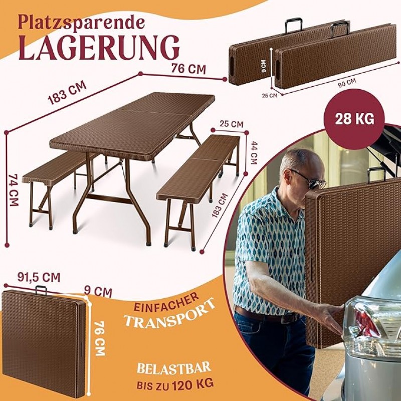 Bierzeltgarnitur Rattan Messegarnitur 3 tlg. Tisch + 2 x Bank für Indoor/Outdoor klappbar Tragegriff – 5