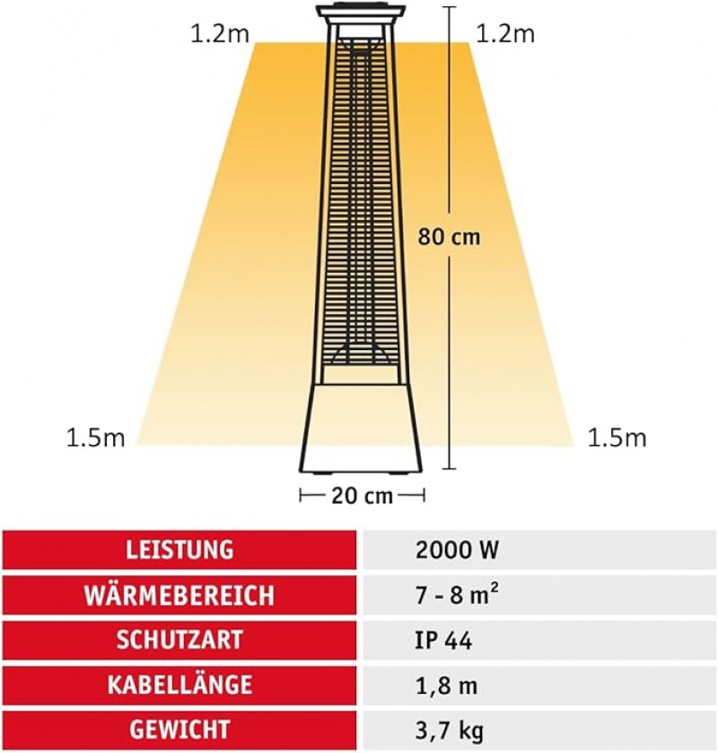 Heizstrahler Infrarot Terrassenheizung innen + außen optischer Blickfang 2000 W – Flammenoptik Strom – Thumbnail 6