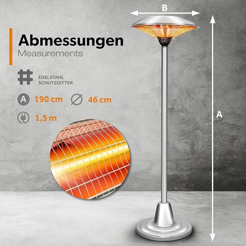 Infrarot Heizstrahler | Heizpilz Höhe 190 cm – elektrisch Heizstufen 1500 – 2500 W | Terrassenstrahl – Thumbnail 6