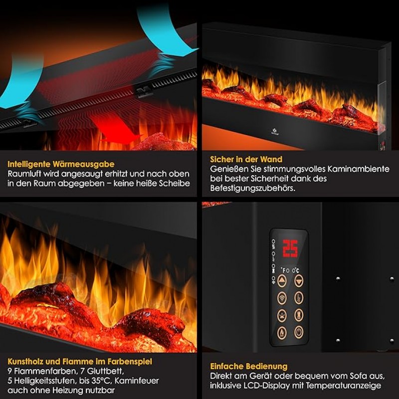 Elektrokamin 3D Elektro 138 cm Kamin mit Heizung 9 Farbmodi LED Flammeneffekt 900/1800 W Heizkamin H – 3
