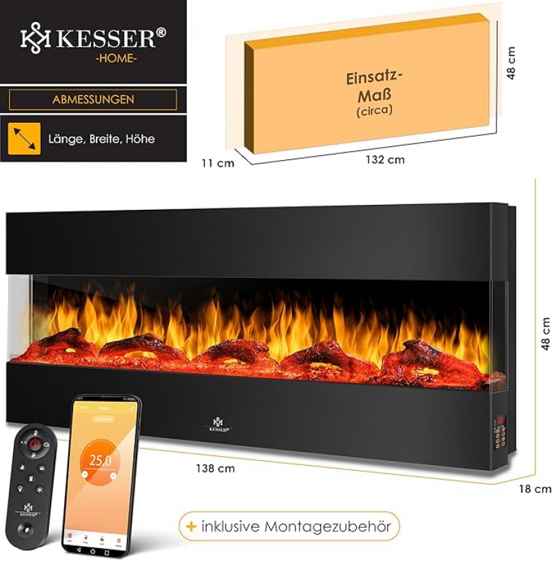 Elektrokamin 3D Elektro 138 cm Kamin mit Heizung 9 Farbmodi LED Flammeneffekt 900/1800 W Heizkamin H – Thumbnail 6