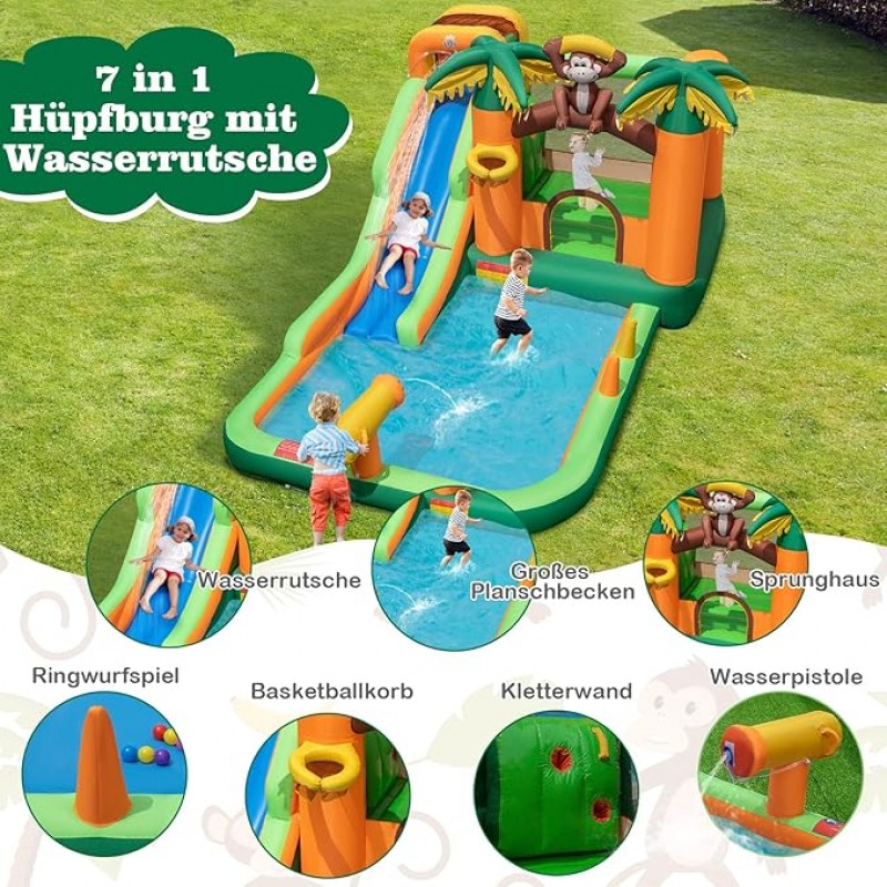 Wasserpark Hüpfburg mit Wasserrutsche tropischer 7-in-1 Wasserpark mit langer Rutsche Planschbecken – 3