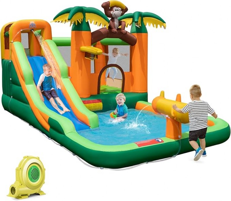 Wasserpark Hüpfburg mit Wasserrutsche tropischer 7-in-1 Wasserpark mit langer Rutsche Planschbecken