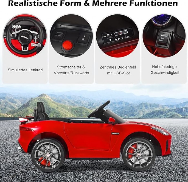 Elektroauto Jaguar 12V Kinderauto mit Fernbedienung Softstart LED Licht Hupe Musik Sicherheitsgurt 3 – 3
