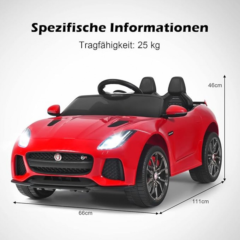 Elektroauto Jaguar 12V Kinderauto mit Fernbedienung Softstart LED Licht Hupe Musik Sicherheitsgurt 3 – 5