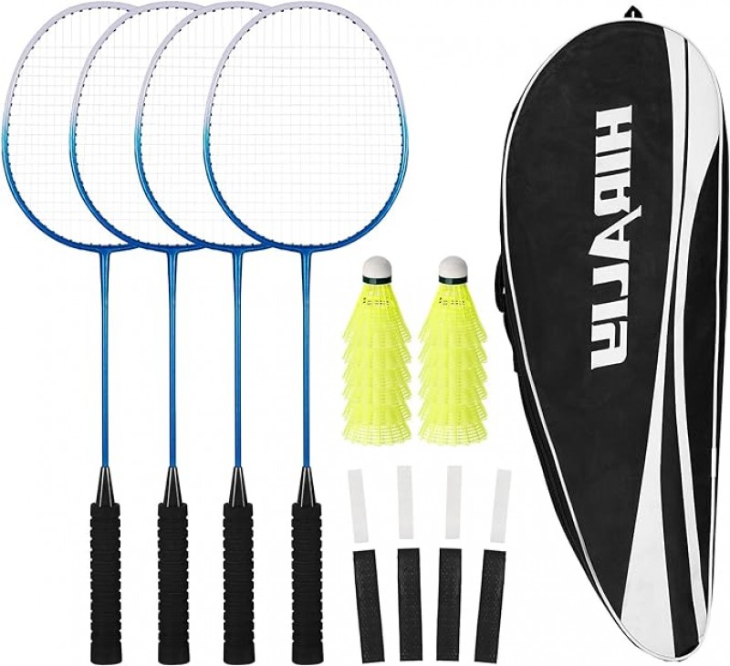 Badmintonschläger 4er-Set Federball 12 Nylon-Federbällen 4 Ersatz-Griffbändern und Badmintontasche