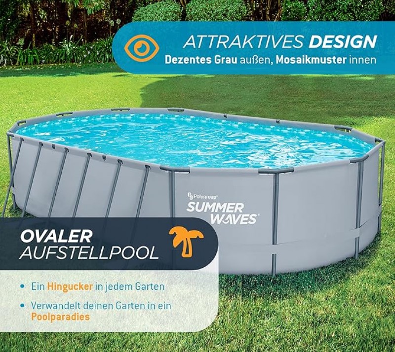 Swimmingpool Gartenpool Pool Komplettset Aufstellpool Oval 610 x 366 x 122 cm Grau mit Filterpumpe F – 2