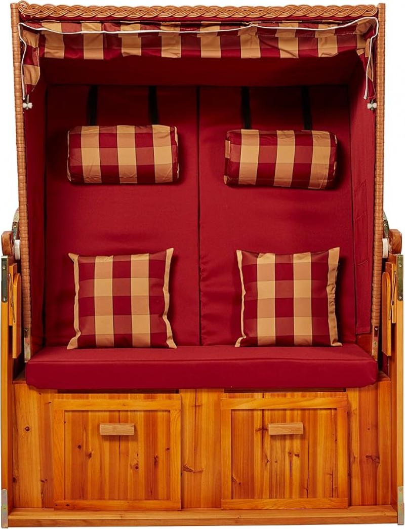 Strandkorb rot Strandschönheit Ostsee 2-Sitzer Vollholzfront beige burgund kariert Strand Balkon Ter – 3