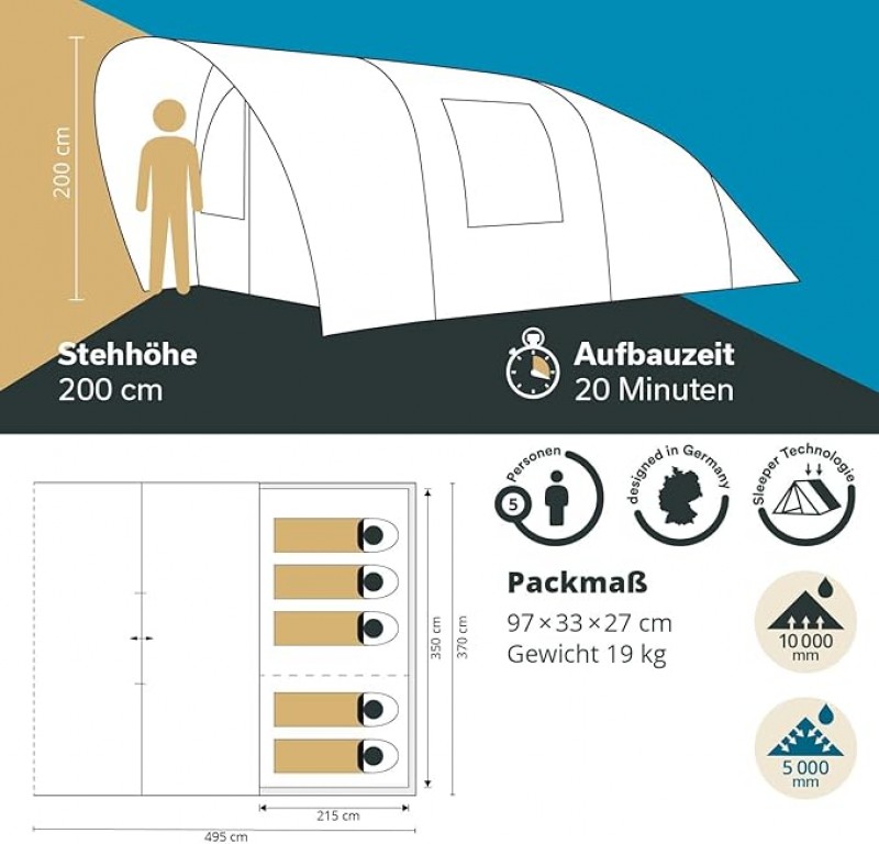 Tunnelzelt Camping | Campingzelt für 5 Personen Baldachin-Überdachung 5000 mm Wassersäule | Großes F – Thumbnail 6