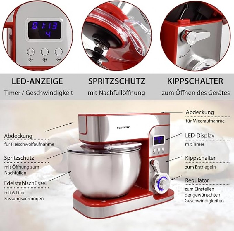 Küchenmaschine Küchenmixer Küchengerät Fleischwolf aus Edelstahl 7 Liter Zubehör für Teig und Cremes – Thumbnail 7