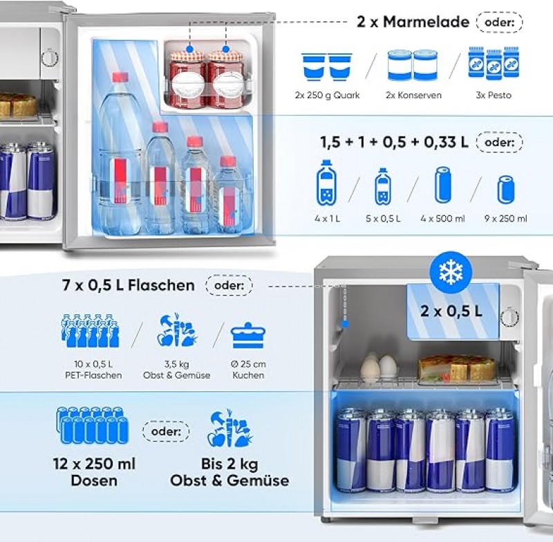 Minikühlschrank 230 V mit Schloss A++ (45 Liter) silber leise Frostfach Abtauautomatik Eierablage Tü – 3
