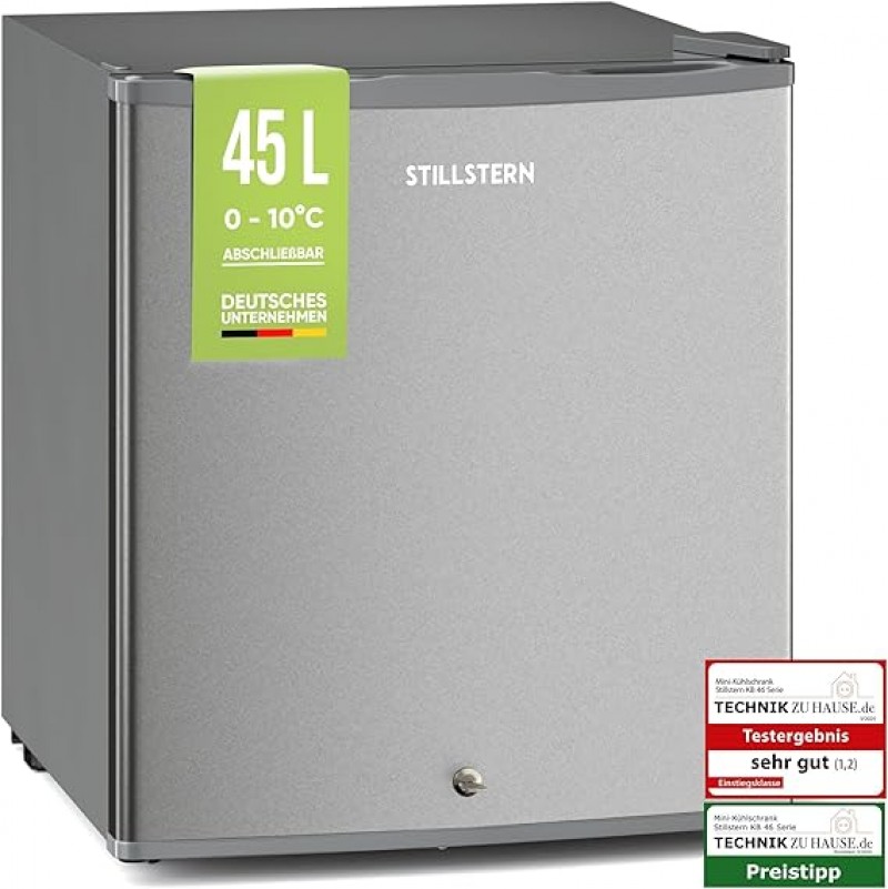 Minikühlschrank 230 V mit Schloss A++ (45 Liter) silber leise Frostfach Abtauautomatik Eierablage Tü