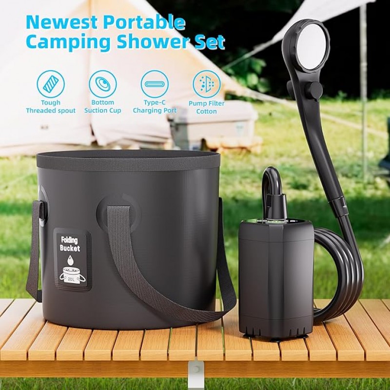 Campingdusche-Komplettset Kaltdusche 6000 mAh wiederaufladbare Saugpumpe mit Smart-Display, Multi-Mo – Thumbnail 6