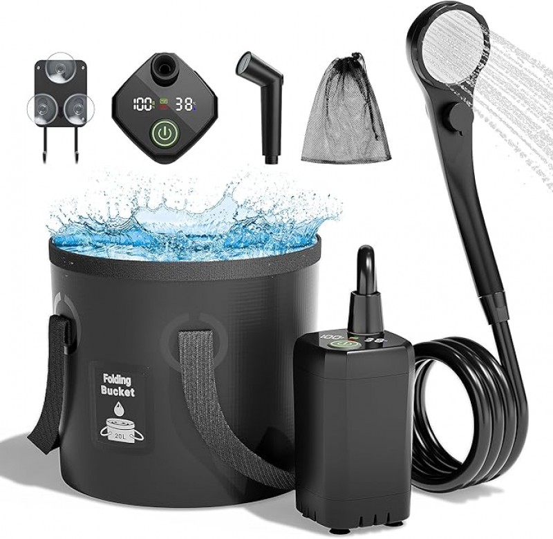 Campingdusche-Komplettset Kaltdusche 6000 mAh wiederaufladbare Saugpumpe mit Smart-Display, Multi-Mo