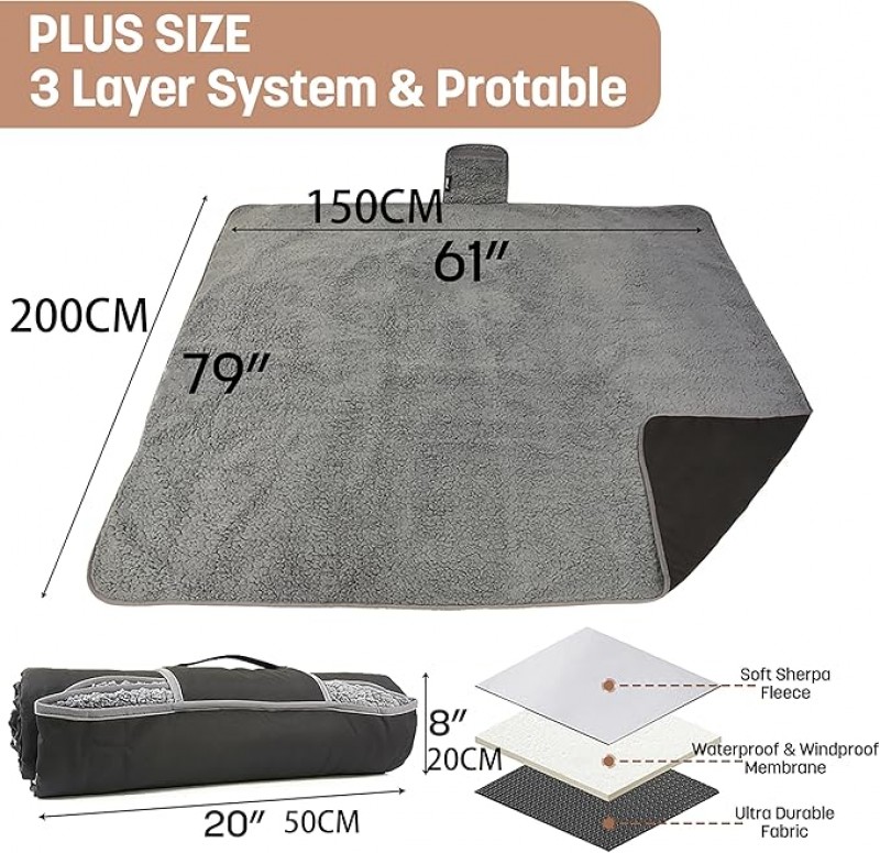 Wasserdichte Outdoor-Decke 203 x 150 cm mit Sherpa-Futter winddicht dreilagig warm bequem faltbar fü – 5