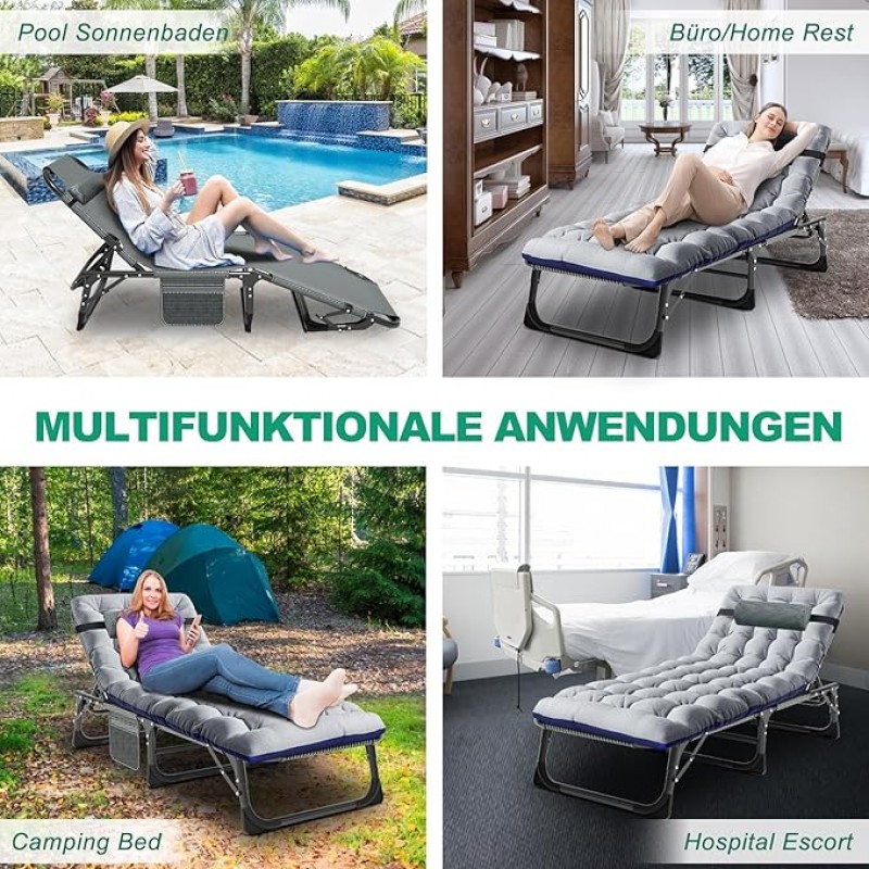 Zeltbett Sonnenliege Zeltliege 200kg belastbar Balkon/Garten klappbar mit Auflage Seitentasche Kopfs – Thumbnail 6