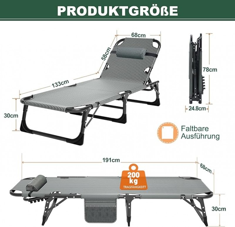 Zeltbett Sonnenliege klappbar Gartenliege 68 cm Breite 200 kg belastbar mit Matratze und Kopfstütze  – 3