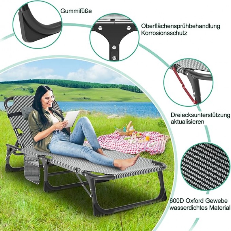 Zeltbett Sonnenliege klappbar Gartenliege 68 cm Breite 200 kg belastbar mit Matratze und Kopfstütze  – 5