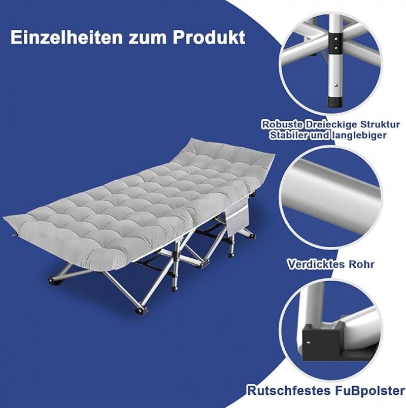 2x Campingbett klappbar Campingbett 2 Stück Klappbett Gästebett mit Matratze Seitentasche bis 200 kg – 4