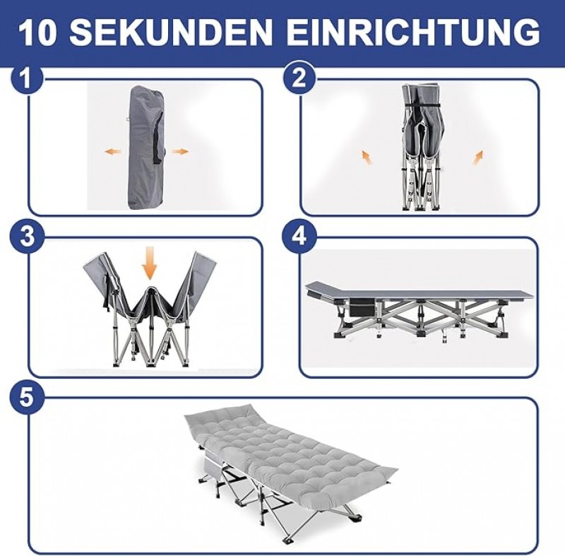 2x Campingbett klappbar Campingbett 2 Stück Klappbett Gästebett mit Matratze Seitentasche bis 200 kg – 5