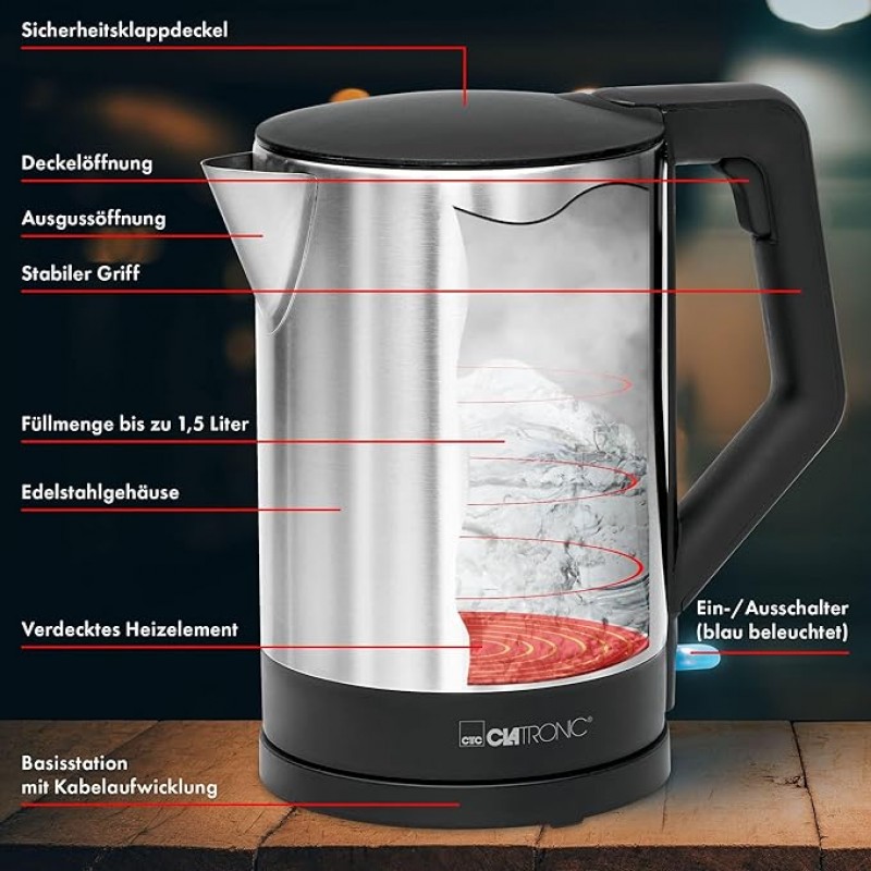 Camping Wasserkocher verdecktes Heizelement Abschaltautomatik Basisstation mit Kabelaufwicklung 1,5  – 5