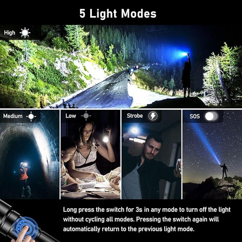 Taschenlampe LED aufladbar 500.000 Lumen extrem Hell zoombare taktische Taschenlampen Stärke mit 5 L – 4