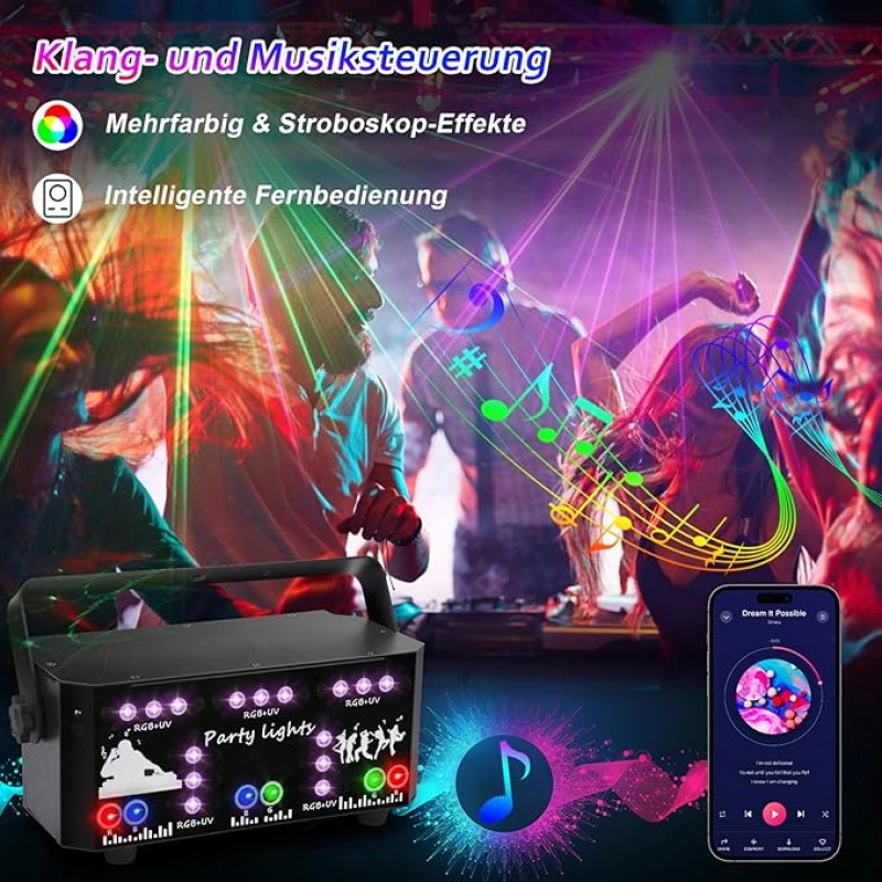 Discolicht Partylicht mit Fernbedienung, DMX Musikgesteuert Disco Licht Party Lichter mit Stroboskop – 3