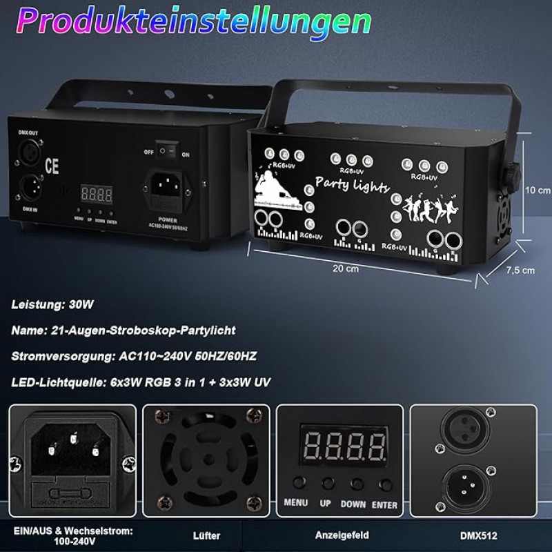 Discolicht Partylicht mit Fernbedienung, DMX Musikgesteuert Disco Licht Party Lichter mit Stroboskop – 5