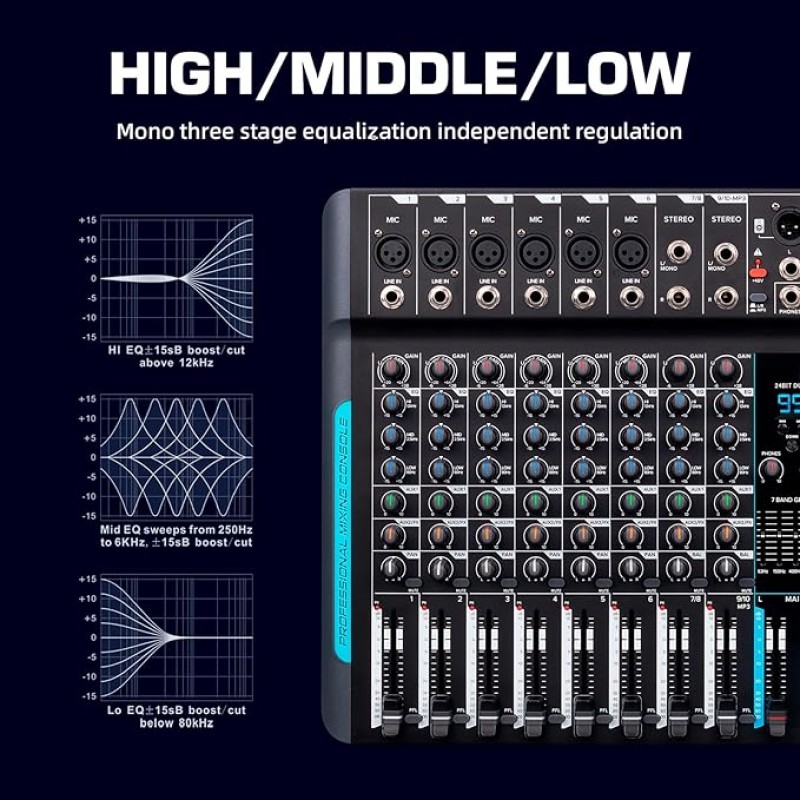 Soundmixer professioneller Audiomixer 10-Kanal-Stereo-Soundmixer mit 99 DSP-Hall / 7-Band-Balance /  – Thumbnail 6