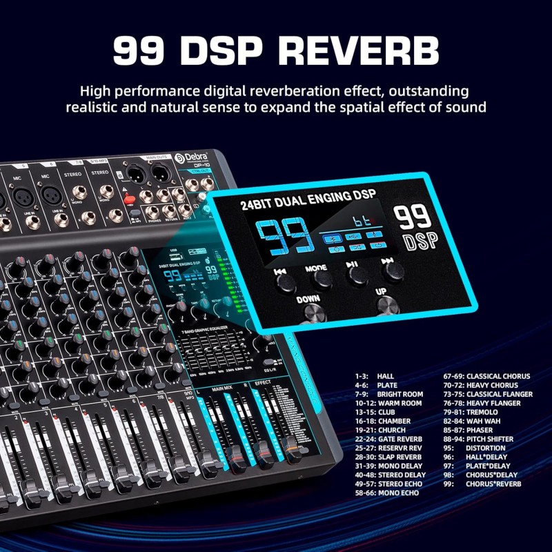 Soundmixer professioneller Audiomixer 10-Kanal-Stereo-Soundmixer mit 99 DSP-Hall / 7-Band-Balance /  – Thumbnail 8