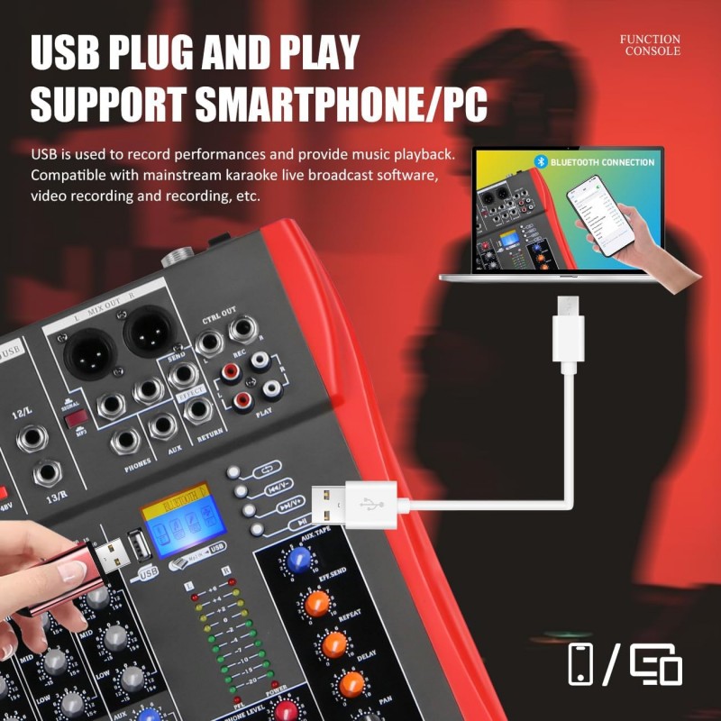 Studiomixer Live Mixer 12-Kanal DJ professionelles Stereo-Sound-Mischpult Bluetooth USB-Aufnahme Com – Thumbnail 6