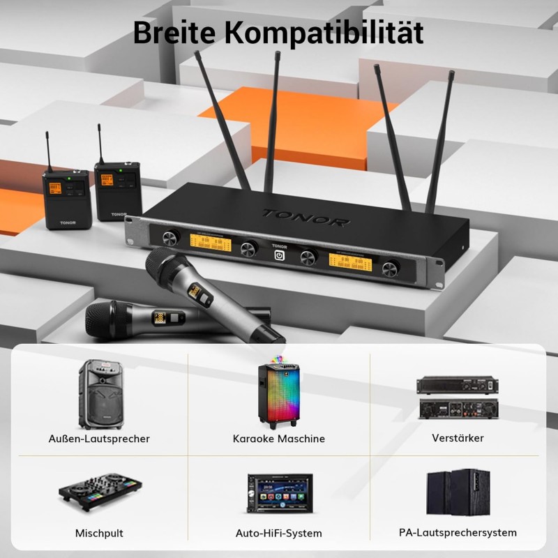 Funkmikrofon Profi 4-Kanal UHF Mikrofon Funkset mit 2 x Handmikrofon mit 2 x Bodypack Sender mit 2 x – Thumbnail 7