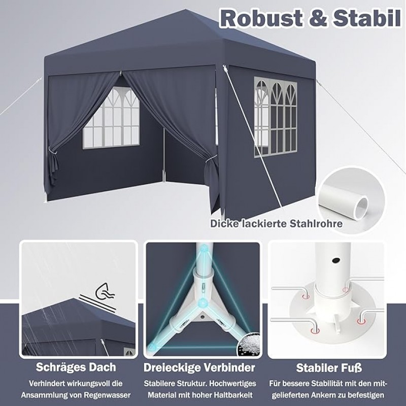 Faltpavillon Pavillon Zelt wasserdicht 4 Seitenwände 2 Fenster Türe mit Reißverschluss 3 x 3 m (9 qm – 3