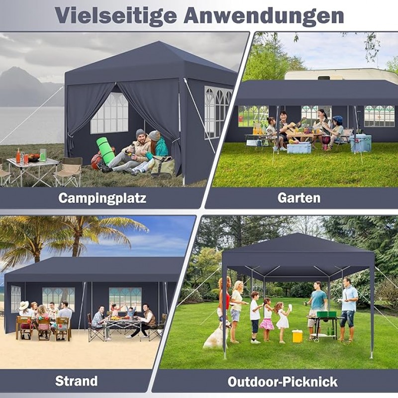 Faltpavillon Pavillon Zelt wasserdicht 4 Seitenwände 2 Fenster Türe mit Reißverschluss 3 x 3 m (9 qm – Thumbnail 6