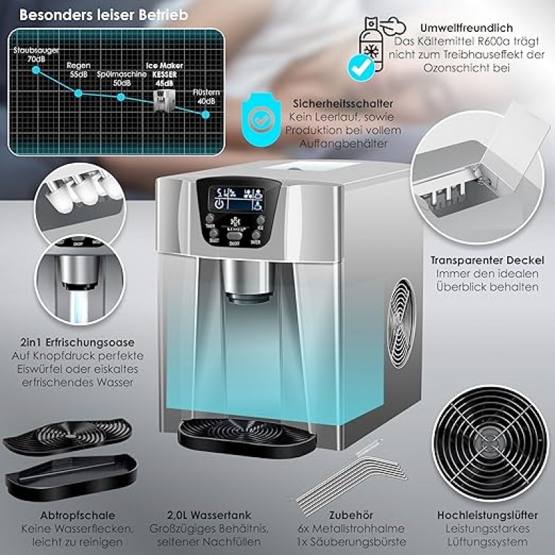 Eiswürfelbereiter Edelstahl Eiswürfelmaschine 100 W Eisbereiter 12 kg in 24 h 2 Würfelgrößen – Thumbnail 6
