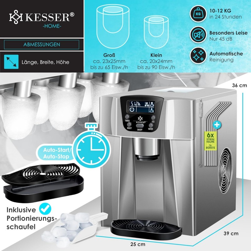 Eiswürfelbereiter Edelstahl Eiswürfelmaschine 100 W Eisbereiter 12 kg in 24 h 2 Würfelgrößen – Thumbnail 7