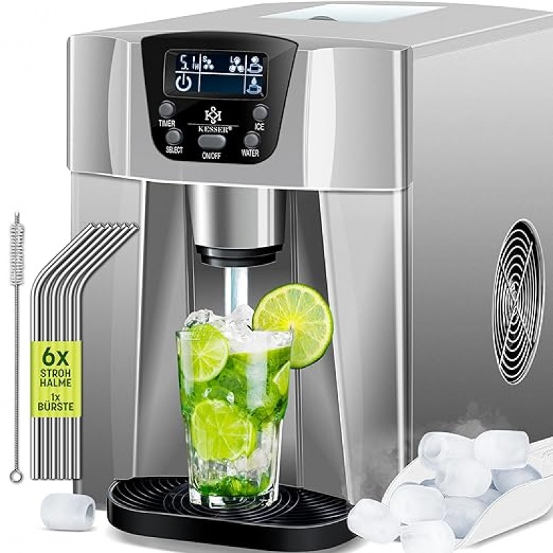 Eiswürfelbereiter Edelstahl Eiswürfelmaschine 100 W Eisbereiter 12 kg in 24 h 2 Würfelgrößen