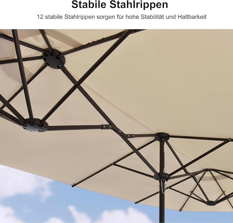 Doppelsonnenschirm 455 x 270 cm beige großer ovaler Sonnenschirm mit Kurbel UV-Schutz – 3
