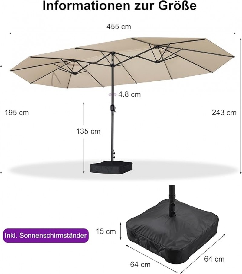Doppelsonnenschirm 455 x 270 cm beige großer ovaler Sonnenschirm mit Kurbel UV-Schutz – Thumbnail 6