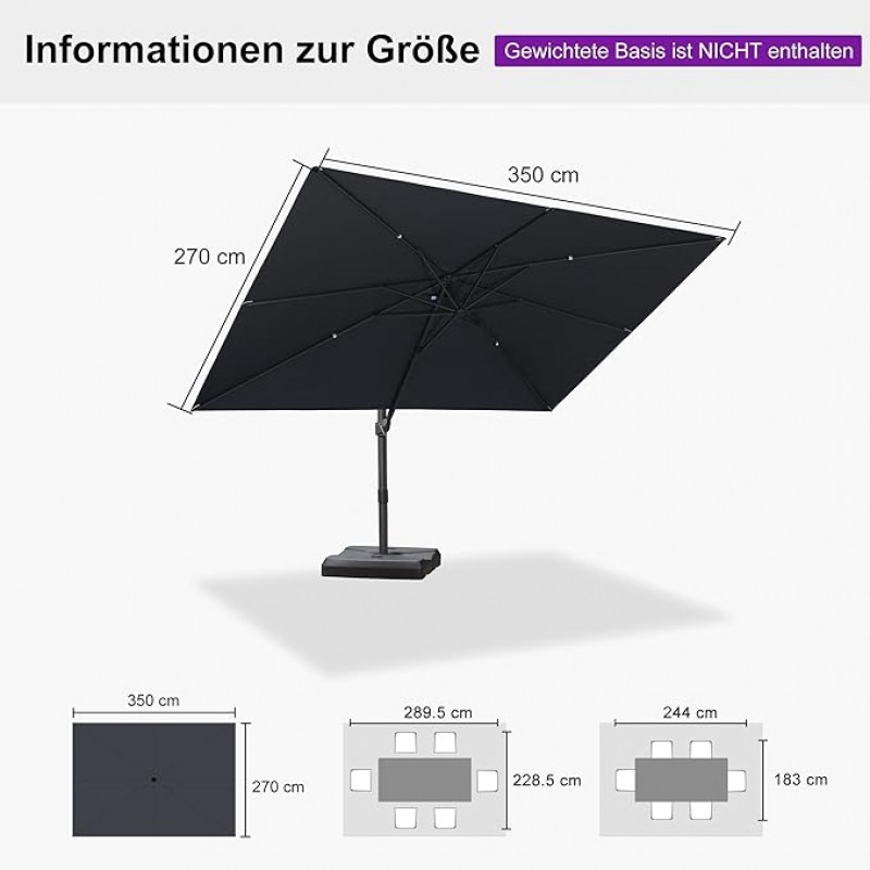 Sonnenschirm Ampelschirm 270 x 350 cm rechteckig mit Kurbel großer Gartenschirm neigbar 360° – 5
