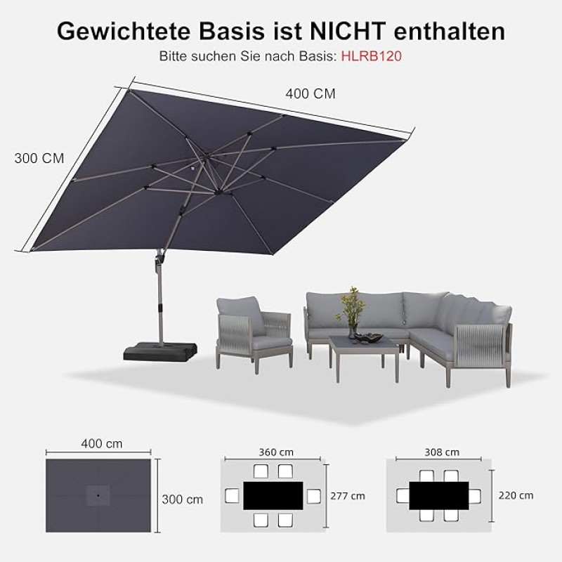 Marktschirm Sonnenschirm Ampelschirm Gartenschirm rechteckig 300 x 400 cm Aluminium groß XXL 360° – Thumbnail 6