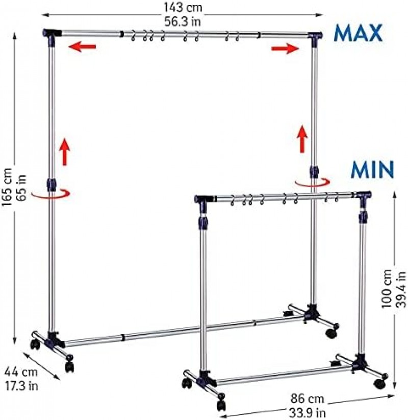 Garderobenständer Kleiderständer Rollgarderobe Edelstahl auf Rollen 143 x 44 x 165 cm ausziehbar – 2