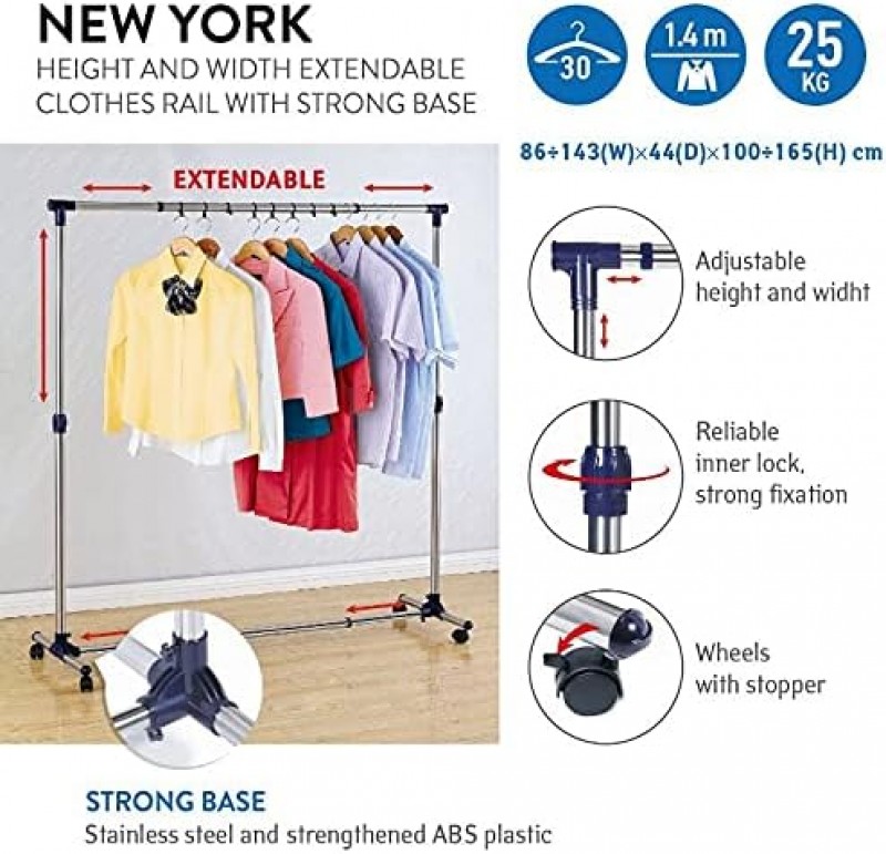Garderobenständer Kleiderständer Rollgarderobe Edelstahl auf Rollen 143 x 44 x 165 cm ausziehbar – 4