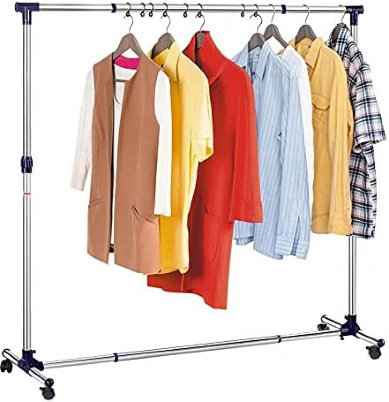 Garderobenständer Kleiderständer Rollgarderobe Edelstahl auf Rollen 143 x 44 x 165 cm ausziehbar